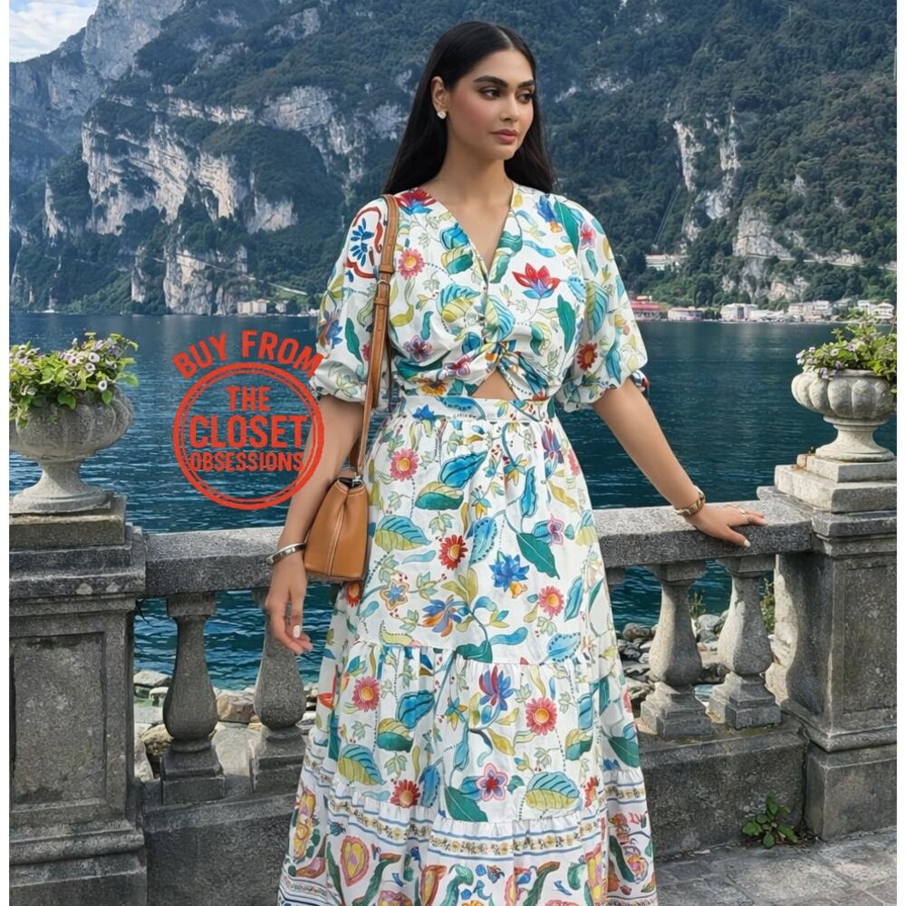 Zara Floral Linen Blend Boho Maxi Dress Cut Out Resort Vacation Size S NWT - Picture 5 of 16